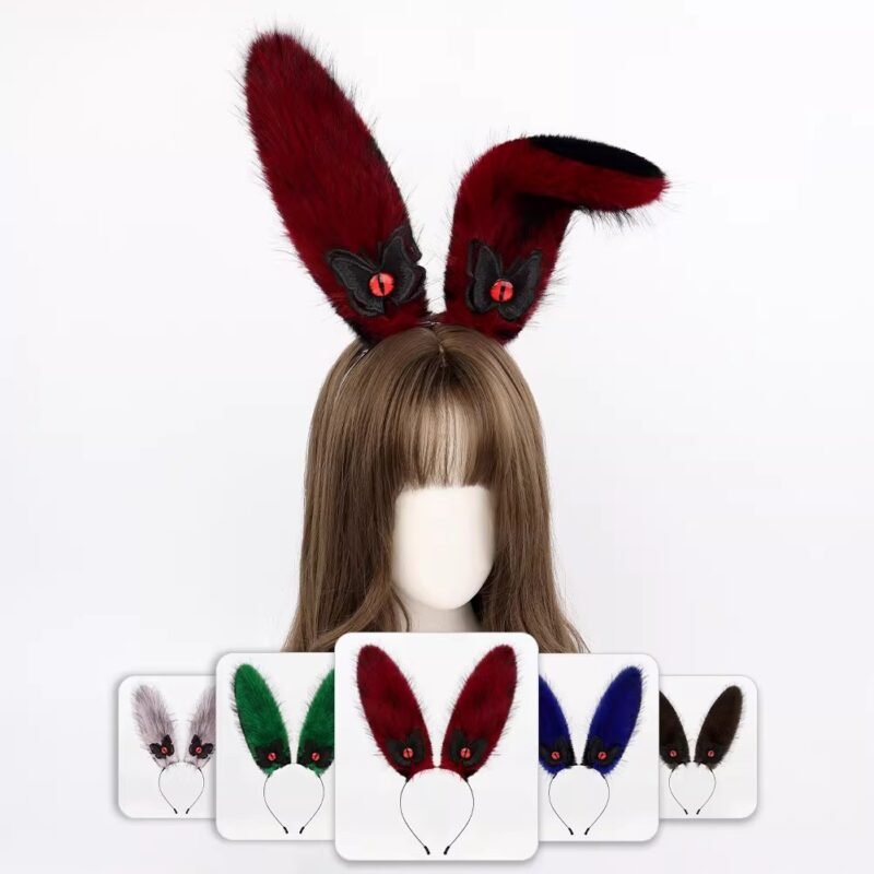 handmade stuffed rabbit ear hairband with handmade animal ears and devil's eyes
